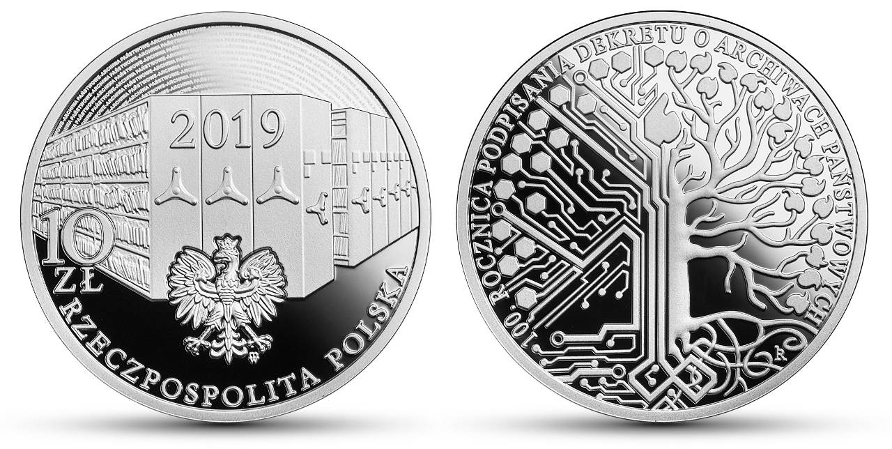 Srebrna moneta 100. rocznica podpisania Dekretu o archiwach państwowych, źródło: nbp.pl